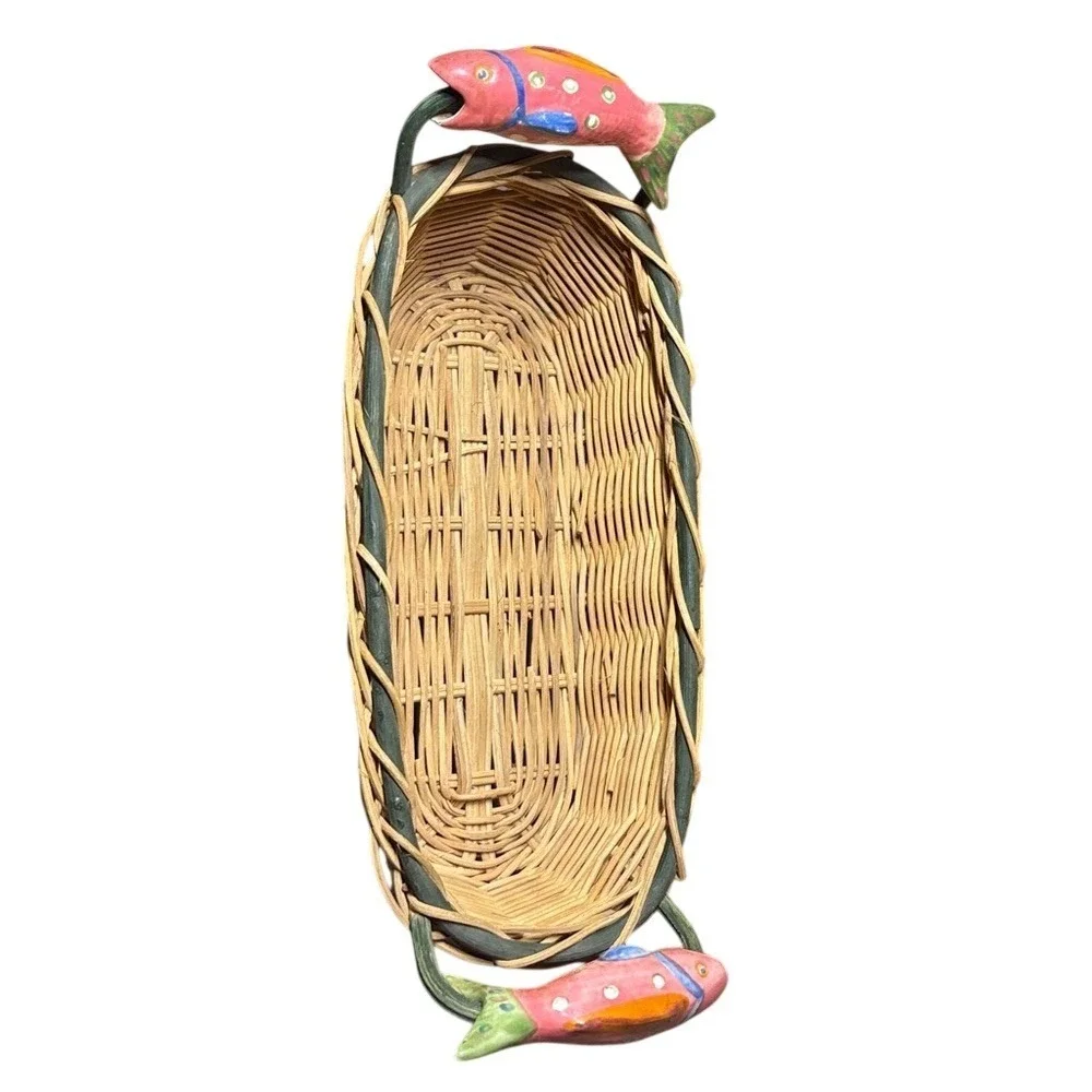 Fish Basket Wicker Ceramic Handles Nautical Beach Cottage Bread Square Lot (2)‎